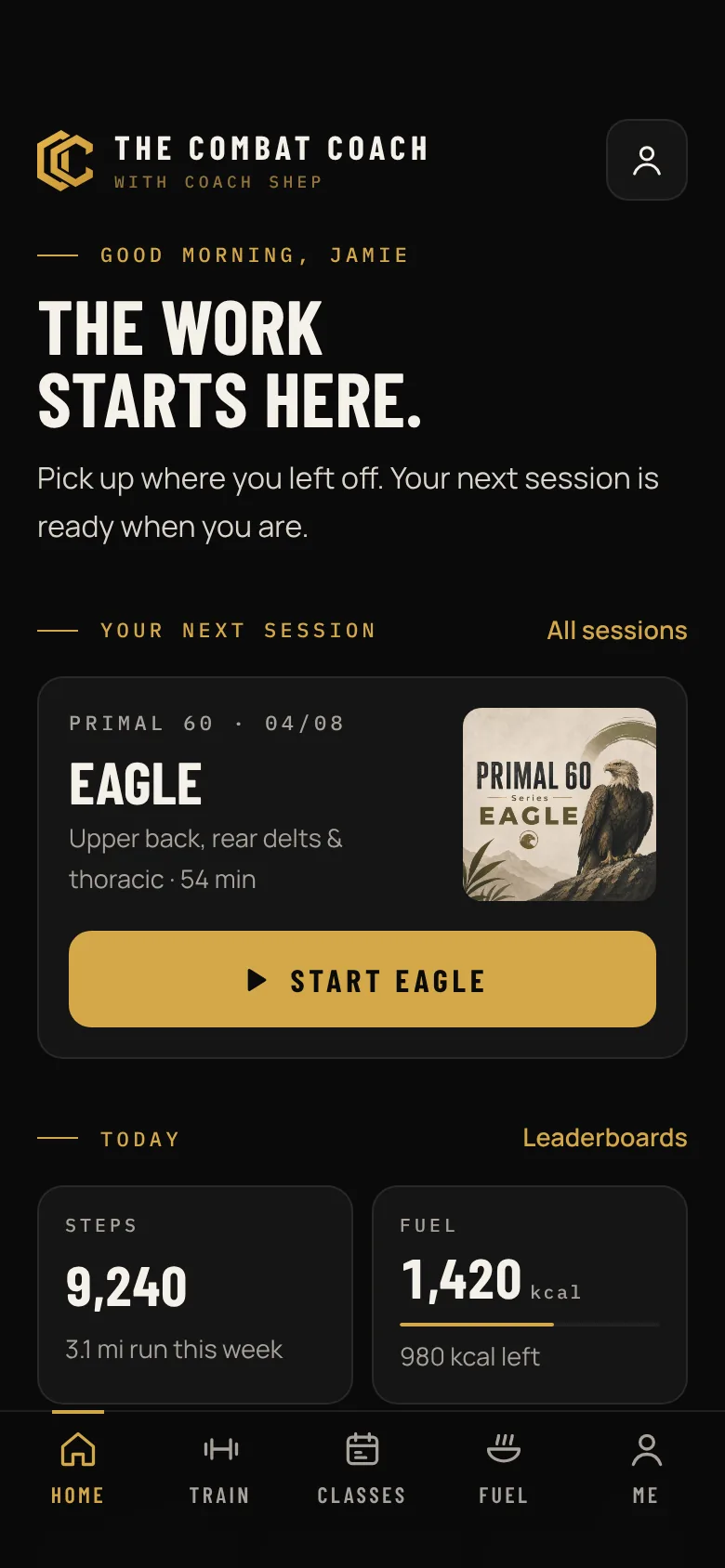 The Combat Coach app: a member's home screen with their next session, today's steps and fuel