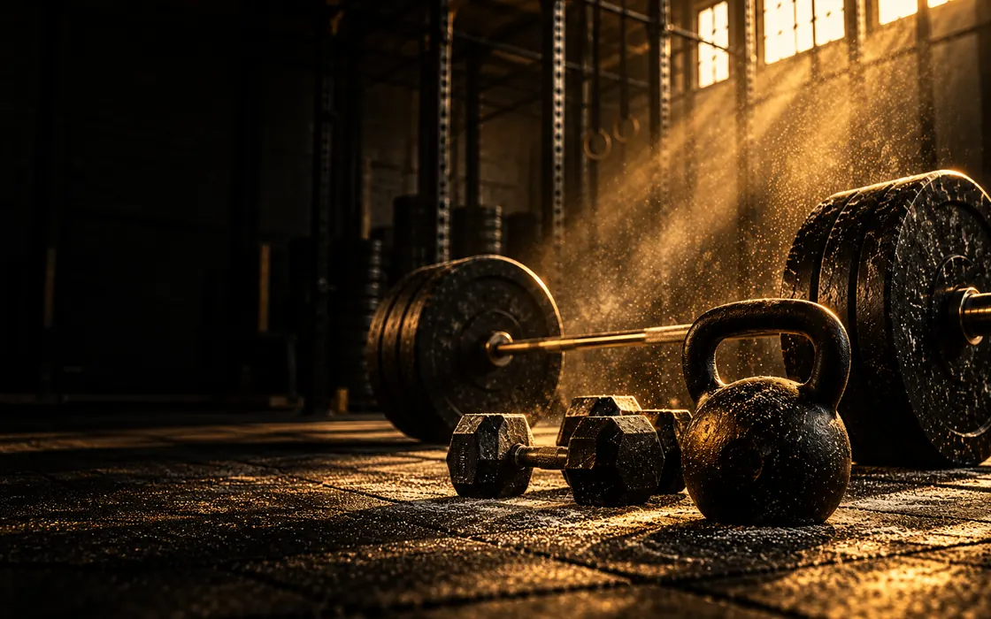 Dumbbells, a kettlebell and a loaded barbell on a gym floor in golden light