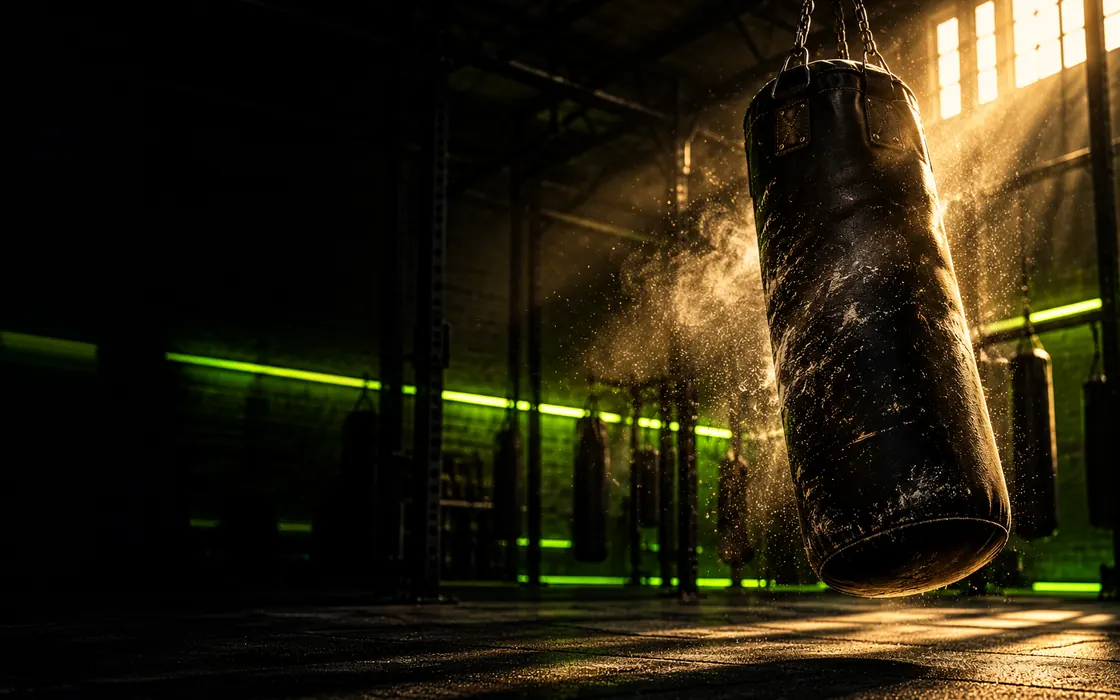 A heavy punch bag swinging in a dark gym with a lime light strip on the wall